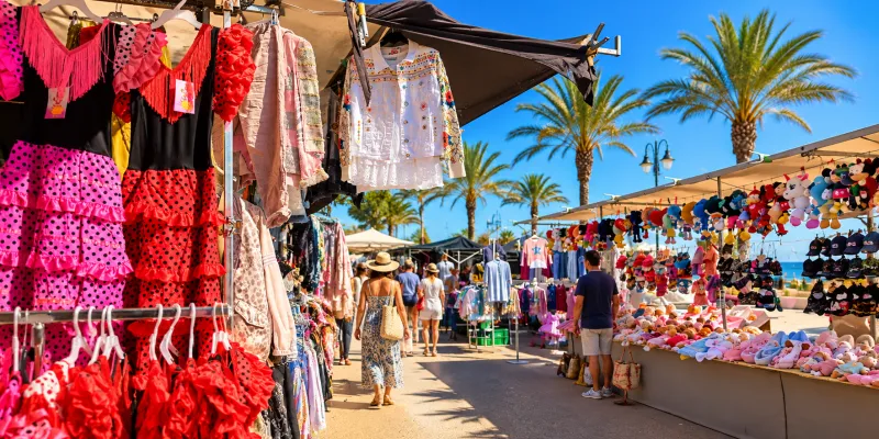 Zaterdagmarkt Empuriabrava met spaanse jurken